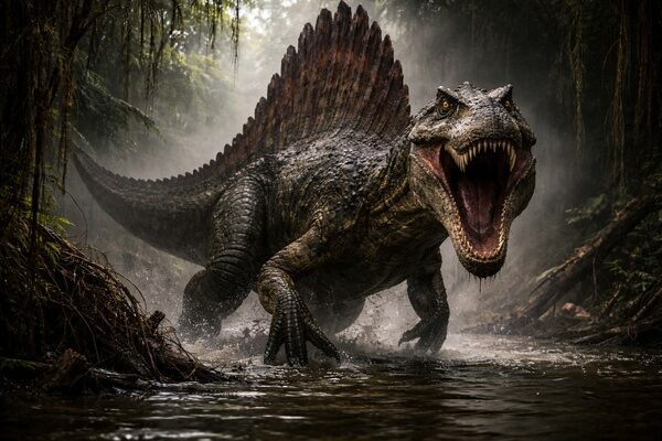 Spinosaurus aegyptiacus, one of the largest predatory dinosaurs ever known, reaching up to 45 feet long and towering over other theropods in the swamps of Cretaceous North Africa.